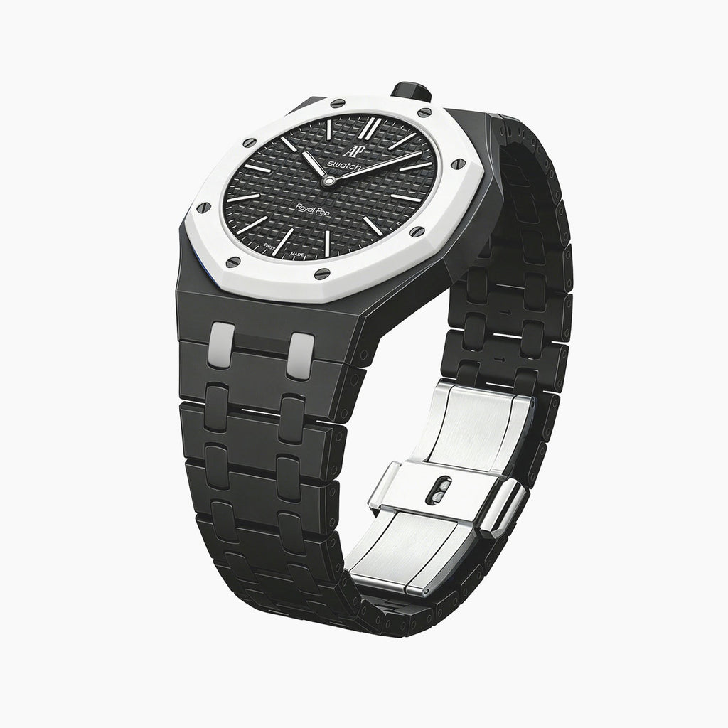 Ocho Negro Swatch × AP Royal Pop Ceramic Case-Strap — the Royal Pop Ocho Negro seated in our ceramic kit, three-quarter view, by IFL Watches