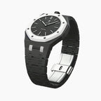 Ocho Negro Swatch × AP Royal Pop Ceramic Case-Strap — the Royal Pop Ocho Negro seated in our ceramic kit, three-quarter view, by IFL Watches