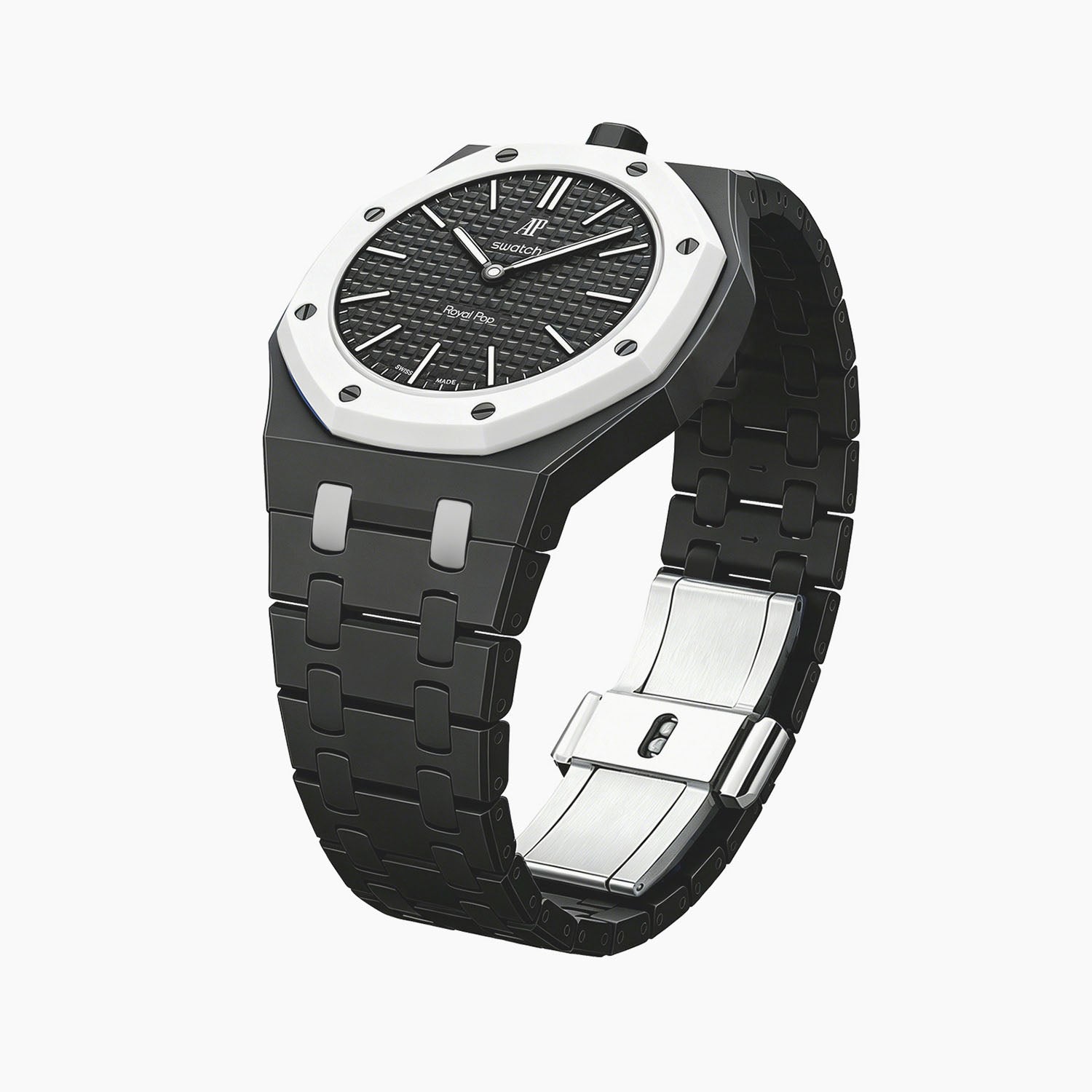 Ocho Negro Swatch × AP Royal Pop Ceramic Case-Strap — the Royal Pop Ocho Negro seated in our ceramic kit, three-quarter view, by IFL Watches