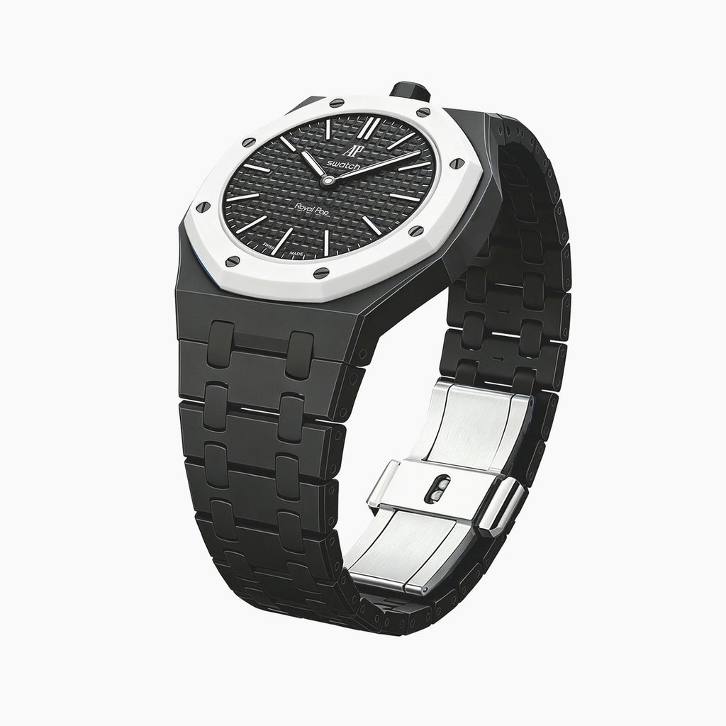 Ocho Negro Swatch × AP Royal Pop Ceramic Case-Strap — the Royal Pop Ocho Negro seated in our ceramic kit, three-quarter view, by IFL Watches