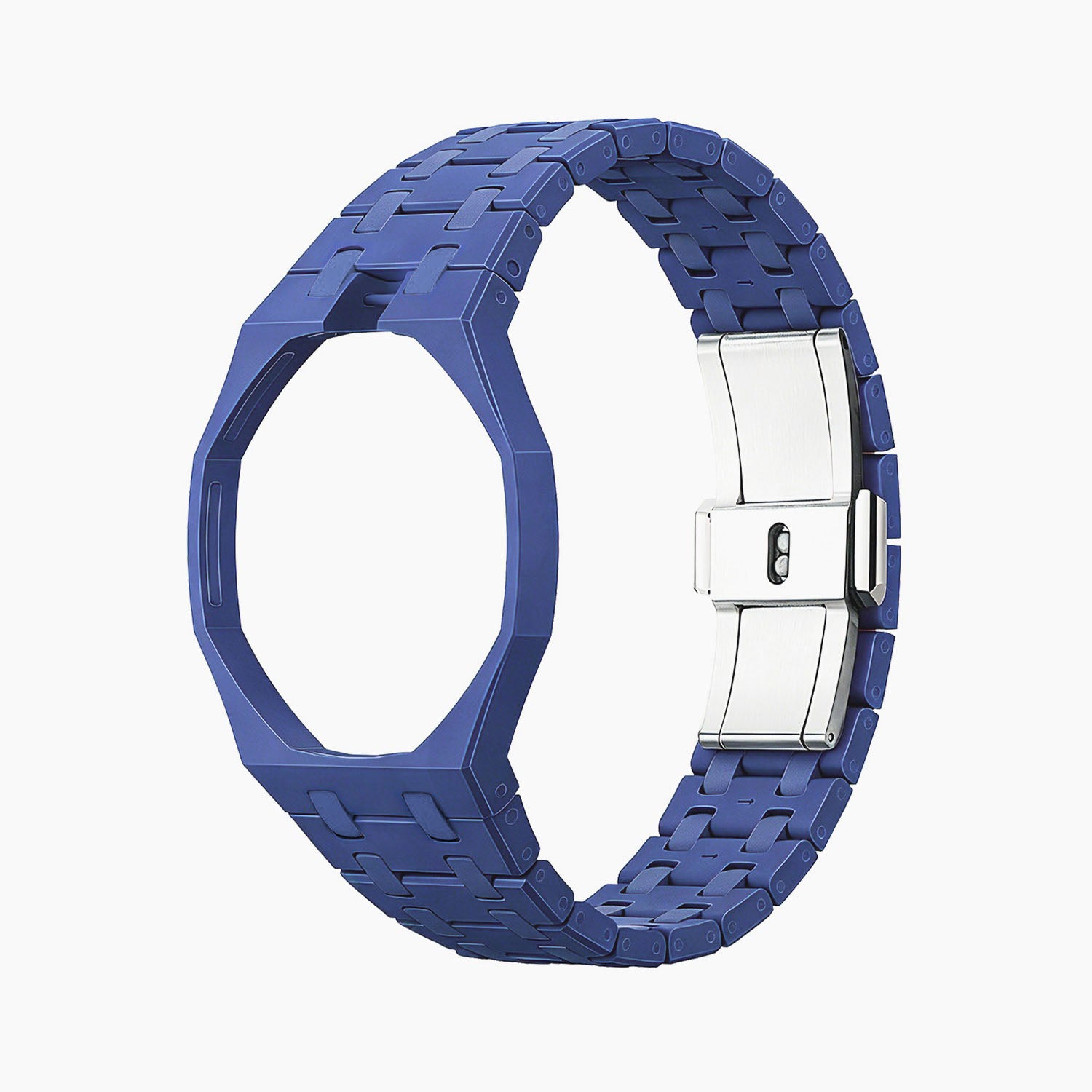 Orenji Hachi Swatch × AP Royal Pop Ceramic Case-Strap — bare deep navy with orange accents ceramic bracelet with empty case bracket, front view, by IFL Watches