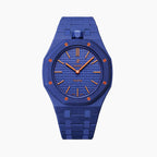 Orenji Hachi Swatch × AP Royal Pop Ceramic Case-Strap — deep navy with orange accents kit with the Royal Pop head seated in the case, by IFL Watches
