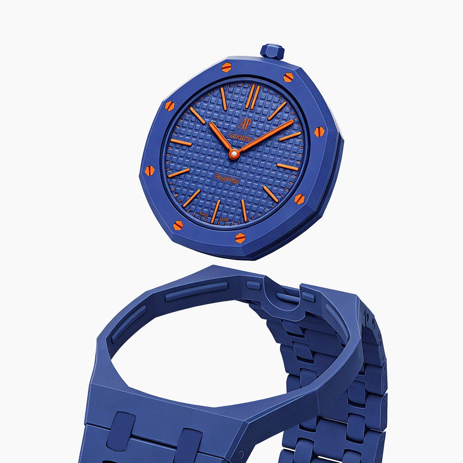 Orenji Hachi Swatch × AP Royal Pop Ceramic Case-Strap — case and strap shown separately above the Royal Pop, by IFL Watches