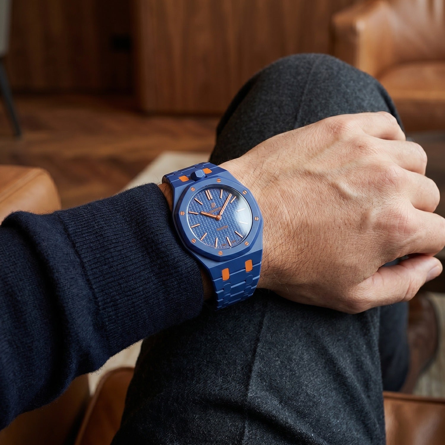 Orenji Hachi Swatch × AP Royal Pop Ceramic Case-Strap — worn in a lounge scene, by IFL Watches