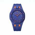 Orenji Hachi Swatch × AP Royal Pop Rubber Case-Strap — deep navy with orange accents kit with the Royal Pop head seated in the case, by IFL Watches