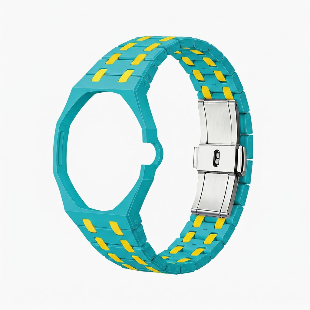 OTG Roz Swatch × AP Royal Pop Ceramic Case-Strap — bare playful pink-and-teal with a yellow bezel ceramic bracelet with empty case bracket, side view, by IFL Watches