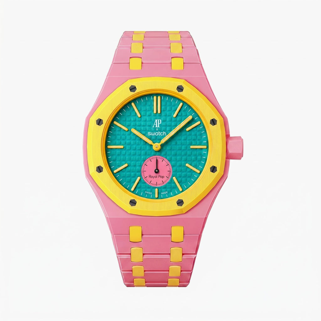 OTG Roz Swatch × AP Royal Pop Ceramic Case-Strap Pink — pink kit with the OTG Roz teal-dial Royal Pop seated in the case, by IFL Watches