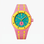 OTG Roz Swatch × AP Royal Pop Ceramic Case-Strap Pink — pink kit with the OTG Roz teal-dial Royal Pop seated in the case, by IFL Watches