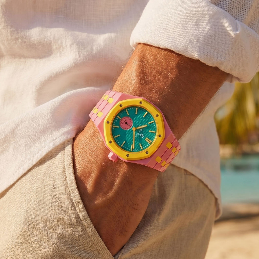 OTG Roz Swatch × AP Royal Pop Ceramic Case-Strap Pink — worn in a pocket scene, by IFL Watches