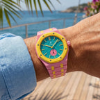 OTG Roz Swatch × AP Royal Pop Ceramic Case-Strap Pink — worn in a seaside scene, by IFL Watches