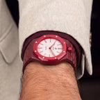 Otto Rosso Swatch × AP Royal Pop Ceramic Case-Strap — worn in a lounge scene, by IFL Watches