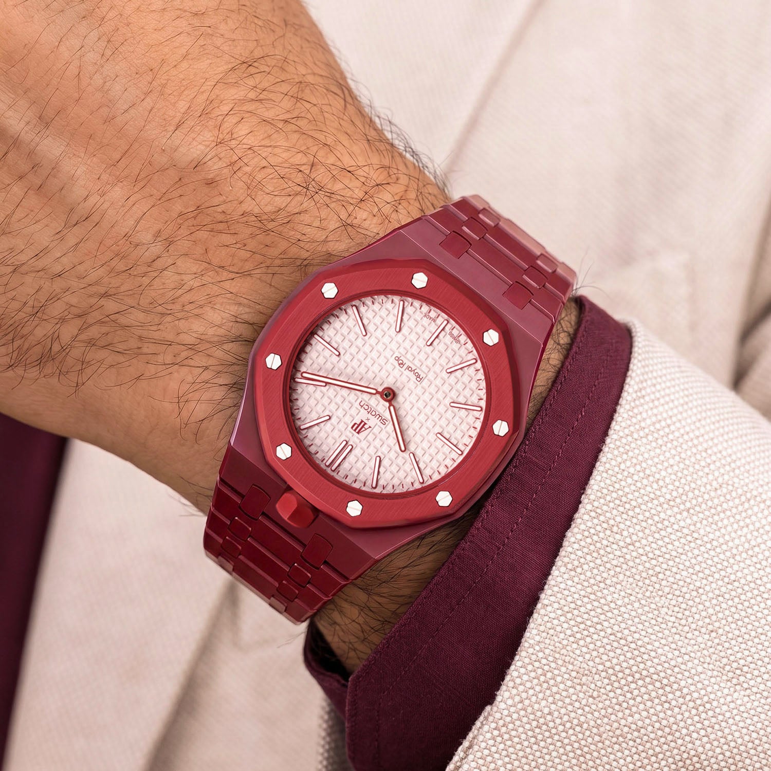 Otto Rosso Swatch × AP Royal Pop Ceramic Case-Strap — worn in a lounge scene, by IFL Watches