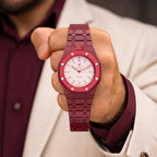 Otto Rosso Swatch × AP Royal Pop Ceramic Case-Strap — worn in a lounge scene, by IFL Watches
