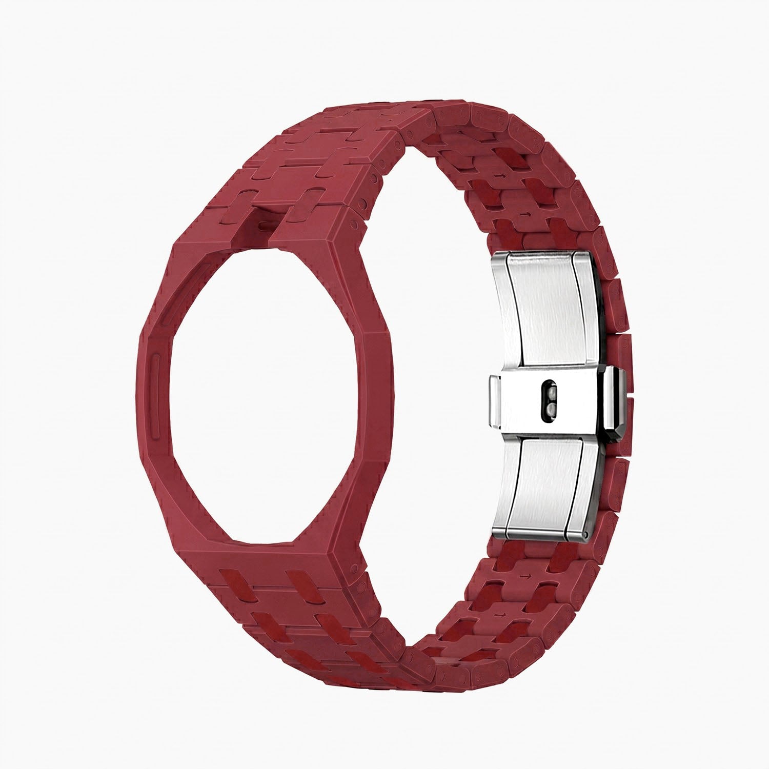 Otto Rosso Swatch × AP Royal Pop Ceramic Case-Strap — bare soft pink with a red bezel ceramic bracelet with empty case bracket, side view, by IFL Watches