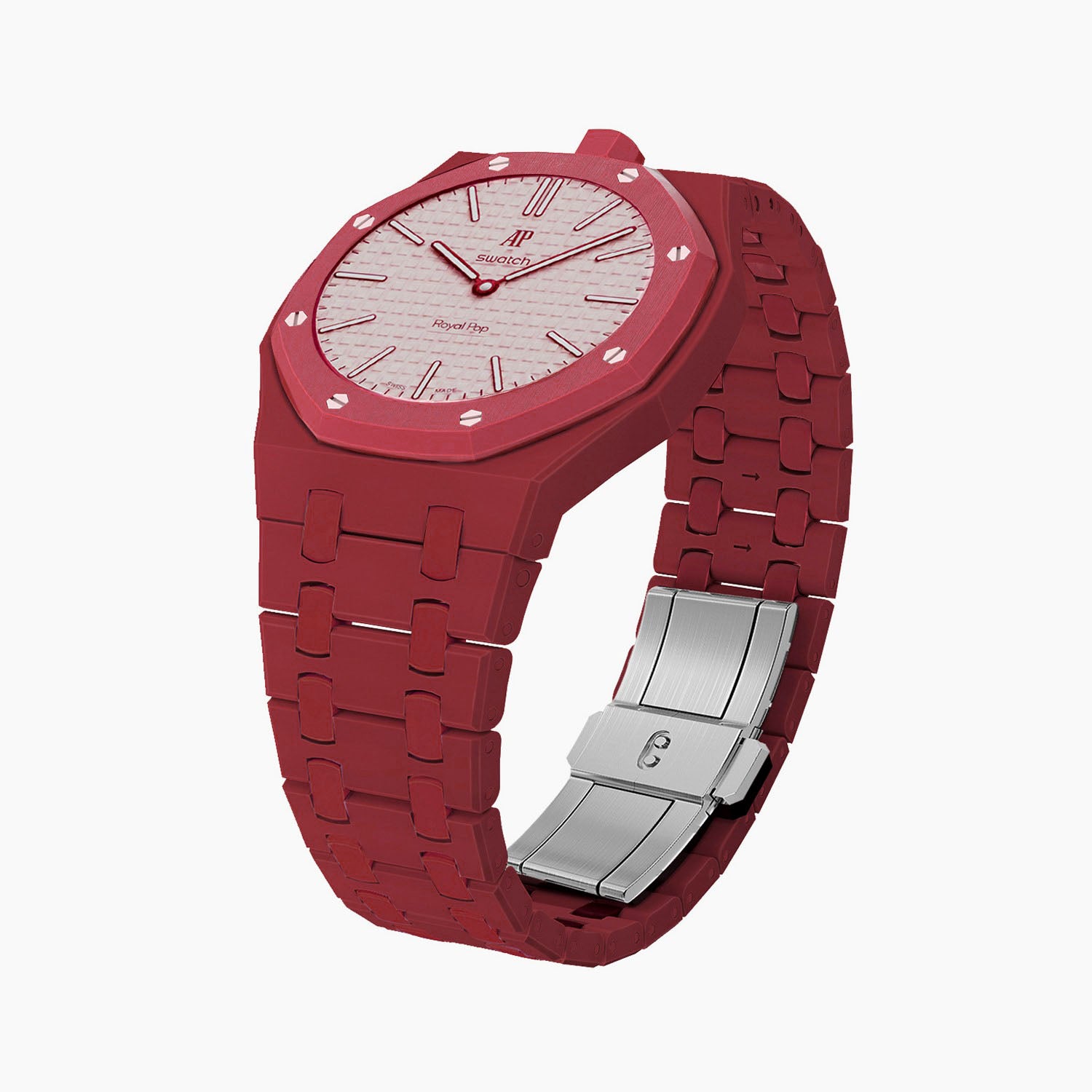 Otto Rosso Swatch × AP Royal Pop Ceramic Case-Strap — the Royal Pop Otto Rosso seated in our ceramic kit, three-quarter view, by IFL Watches
