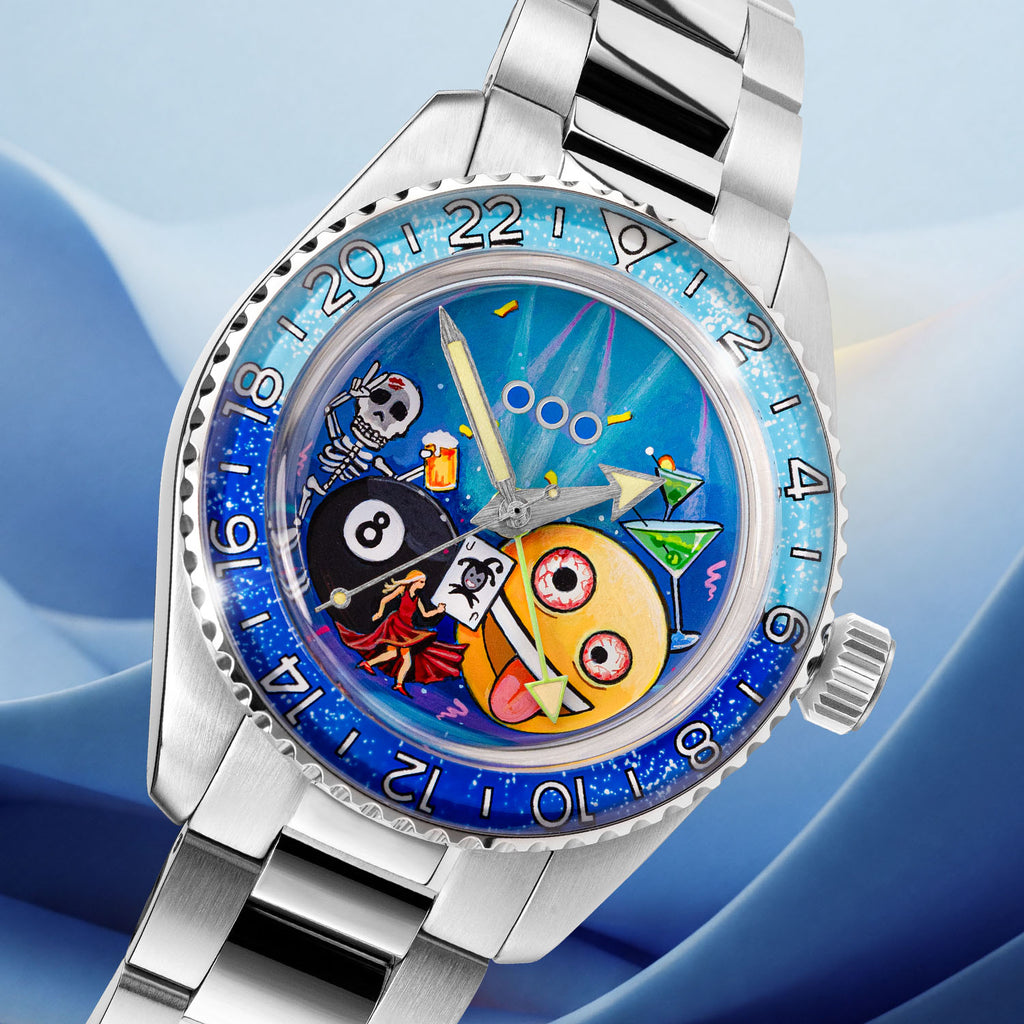 Out of Order Shaker Happy Hour — Detail view of the hand-painted dial with a skeleton raising a beer beside an eight ball, customized limited edition by IFL Watches