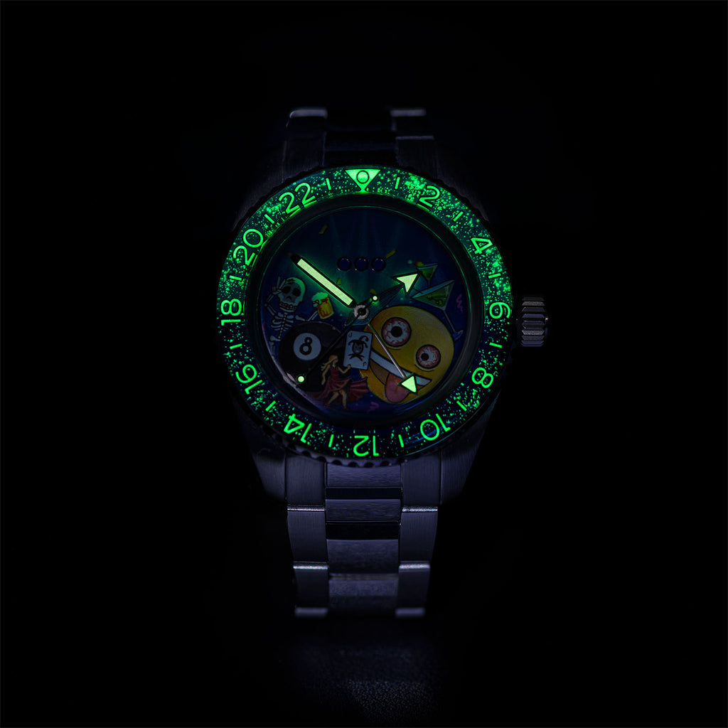 Out of Order Shaker Happy Hour — Bezel numerals and markers glowing green in the dark, customized limited edition by IFL Watches