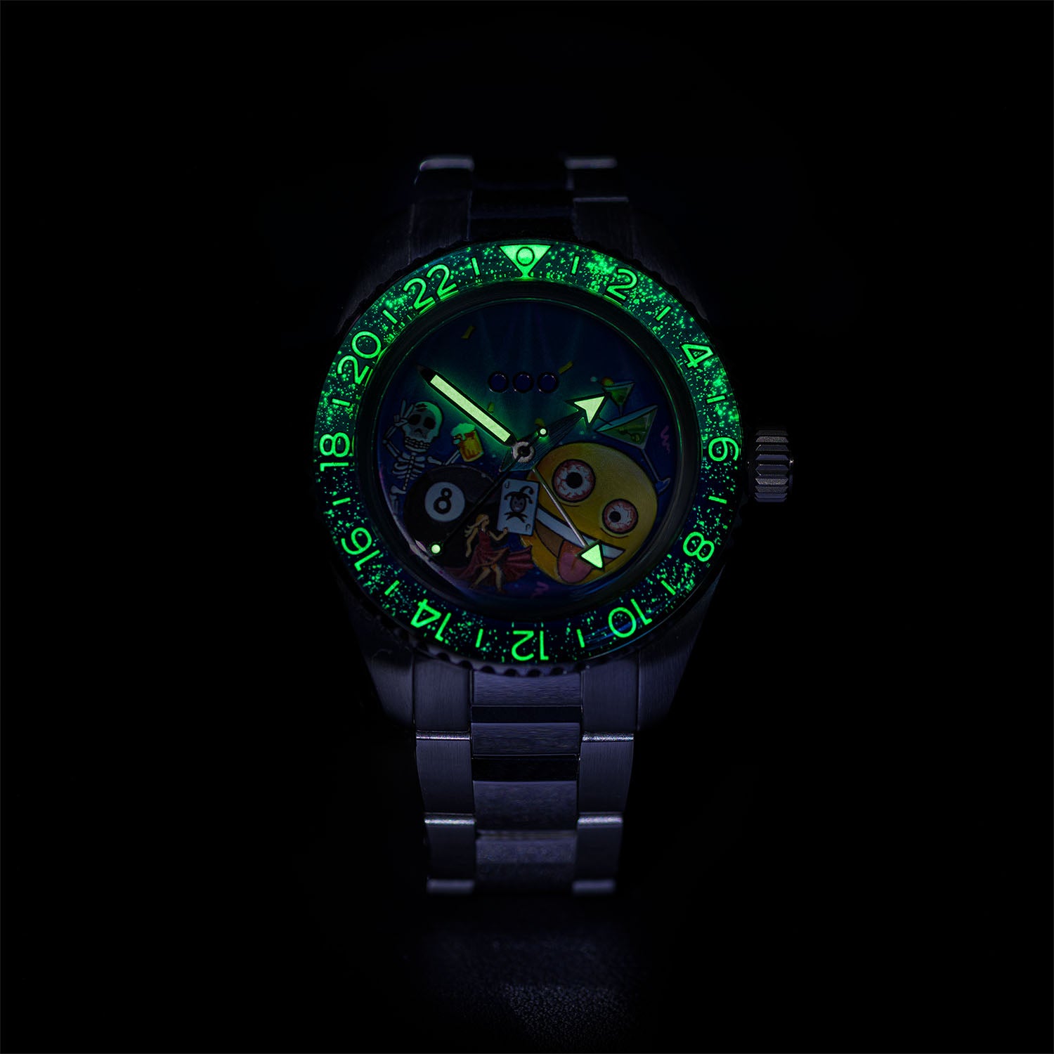 Out of Order Shaker Happy Hour — Bezel numerals and markers glowing green in the dark, customized limited edition by IFL Watches