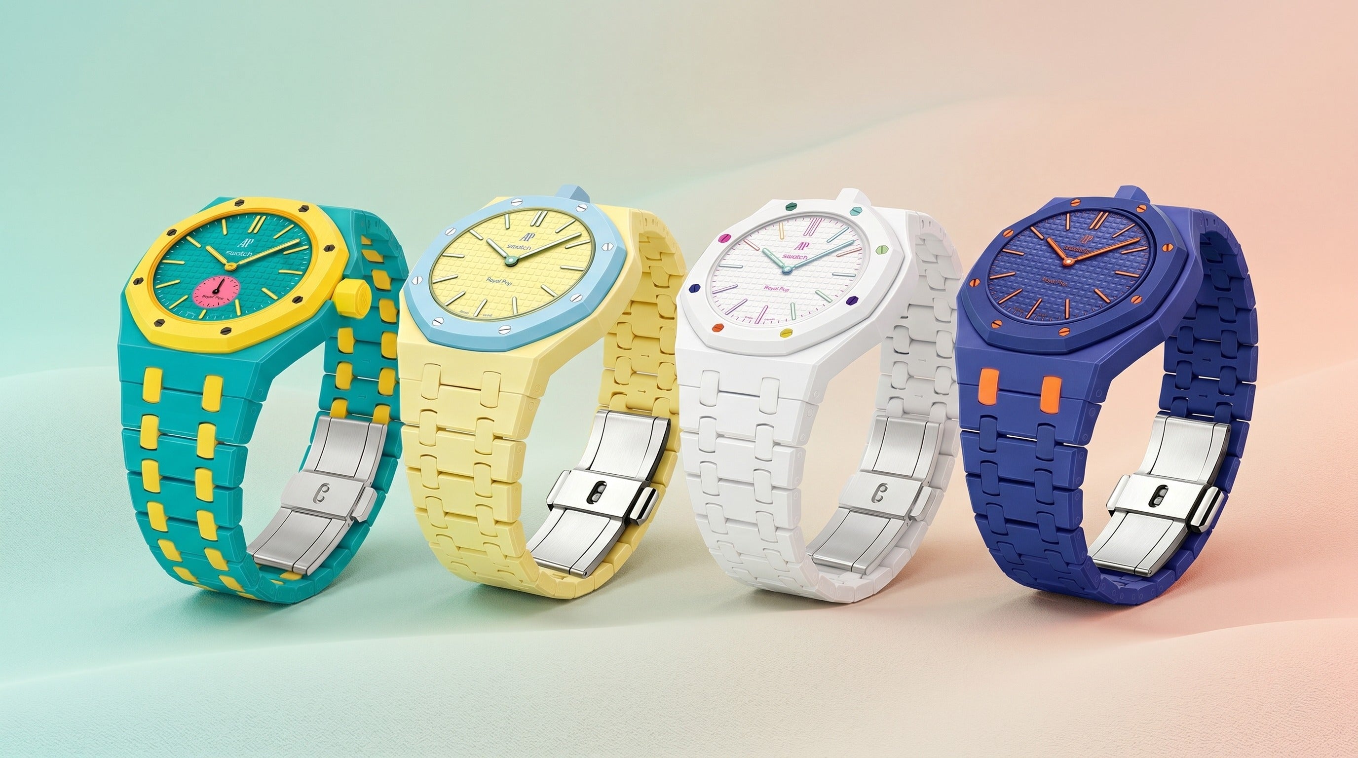 AP × Swatch Royal Pop Case-Strap kits — four colourways in warm tones, by IFL Watches