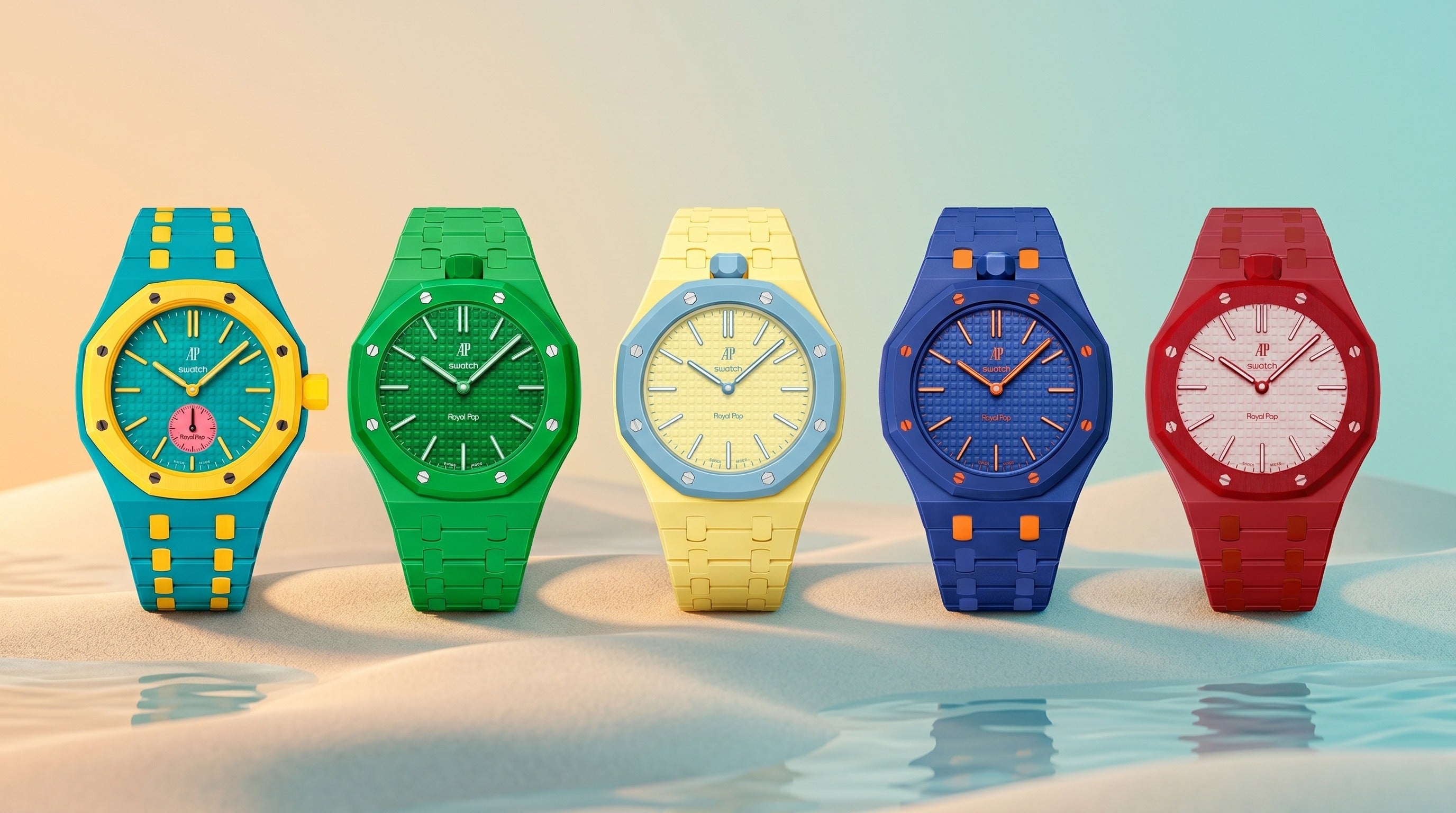 AP × Swatch Royal Pop Case-Strap kits — five colourways on a sand-toned backdrop, by IFL Watches