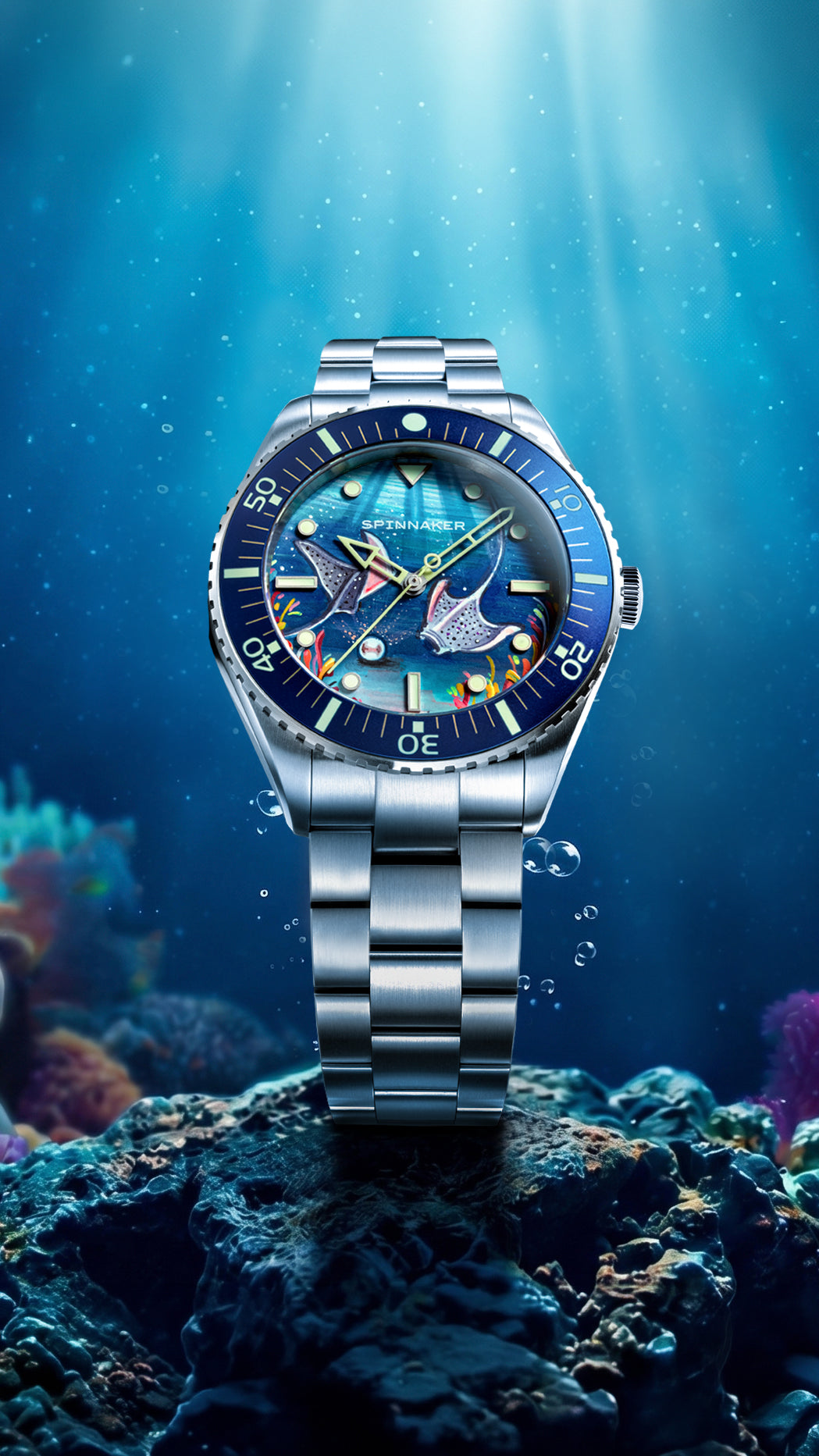 Spinnaker Spence Underwater Dancers Limited Edition — Mobile banner with the watch resting among sea anemone tentacles in sunlit water
