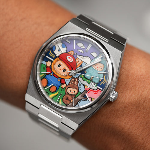 Time BuBu Concept – Hand-painted custom Tissot PRX featuring whimsical forest spirits with toothy grins, a bespoke timepiece by IFL Watches