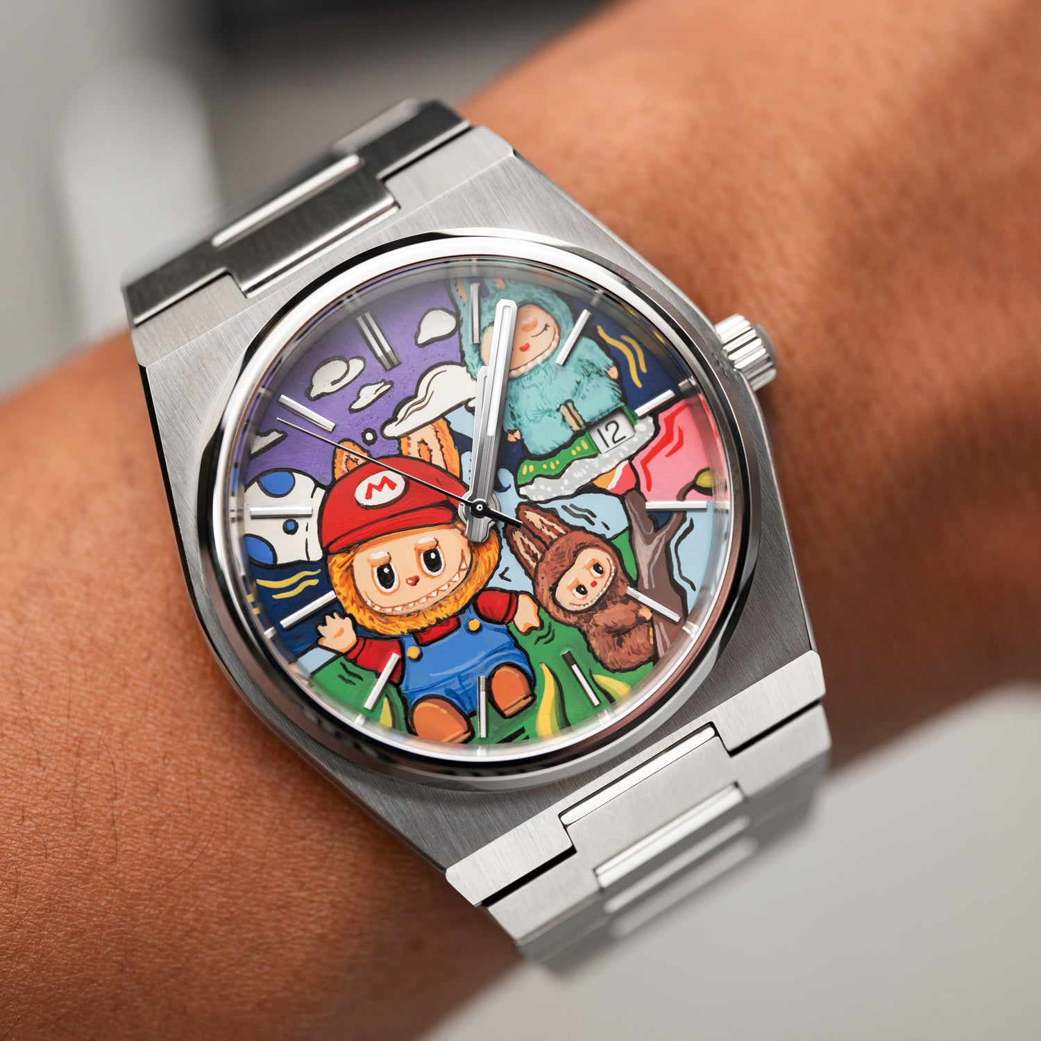 Time BuBu Concept – Hand-painted custom Tissot PRX featuring whimsical forest spirits with toothy grins, a bespoke timepiece by IFL Watches