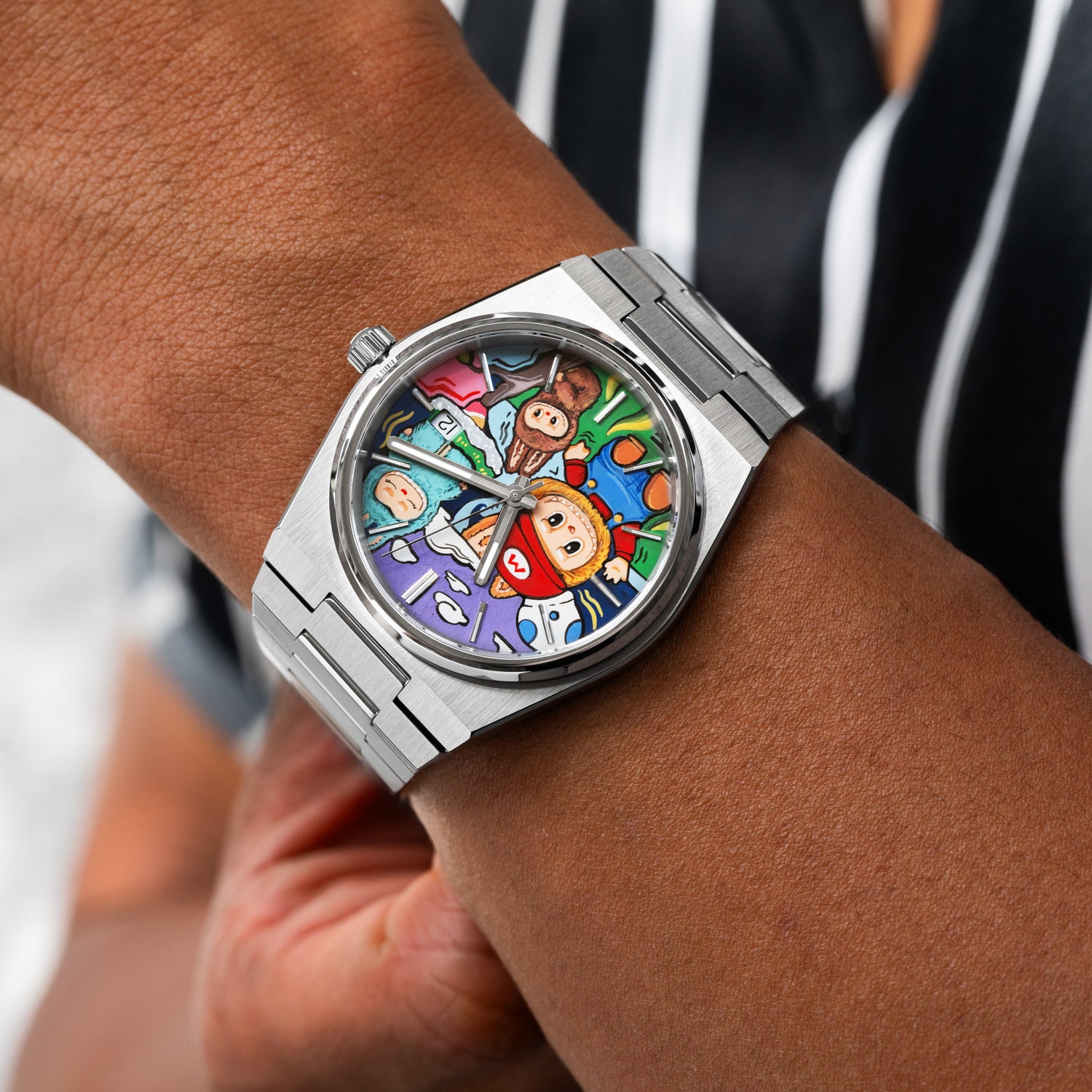 Time BuBu Concept – Hand-painted custom Tissot PRX featuring whimsical forest spirits with toothy grins, a bespoke timepiece by IFL Watches