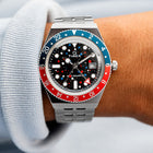 Timex Q GMT Crimson Sky – hand-painted custom Timex Q GMT with red and blue abstract artwork by IFL Watches