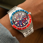 Timex Q GMT Crimson Tide – hand-painted custom Timex Q GMT with red and blue abstract artwork by IFL Watches