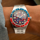 Timex Q GMT Crimson Tide – hand-painted custom Timex Q GMT with red and blue abstract artwork by IFL Watches