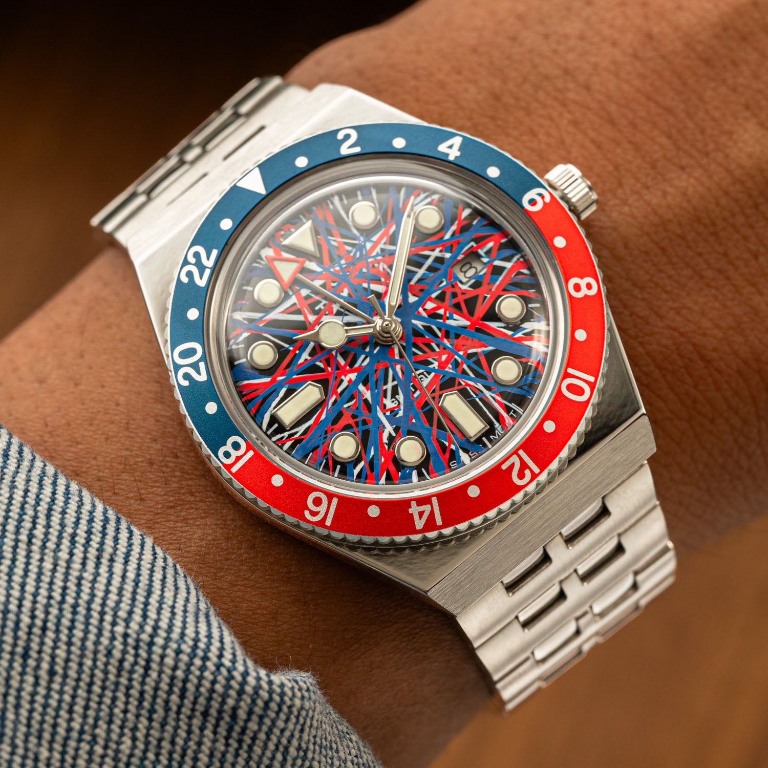 Timex Q GMT Crimson Tide – hand-painted custom Timex Q GMT with red and blue abstract artwork by IFL Watches