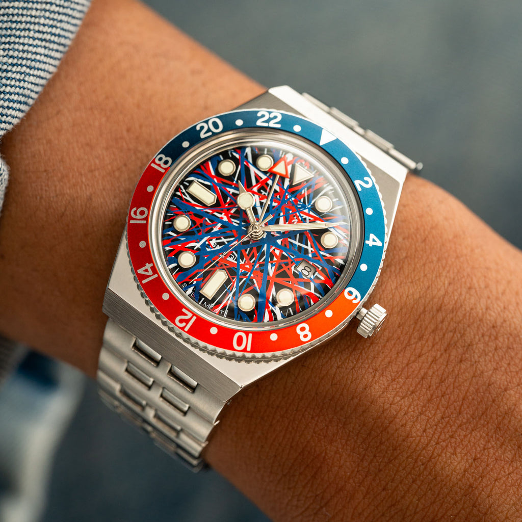 Timex Q GMT Crimson Tide – hand-painted custom Timex Q GMT with red and blue abstract artwork by IFL Watches