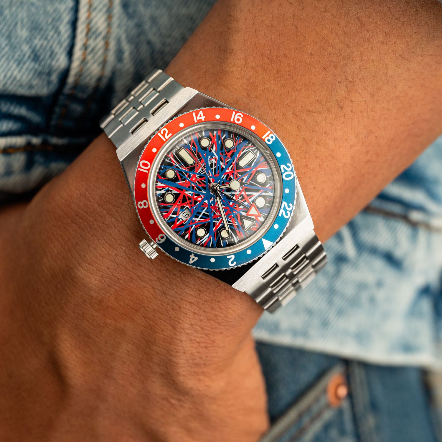 Timex Q GMT Crimson Tide – hand-painted custom Timex Q GMT with red and blue abstract artwork by IFL Watches