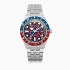 Timex Q GMT Crimson Tide – hand-painted custom Timex Q GMT with red and blue abstract artwork by IFL Watches