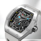 Tsar Bomba Atomic Ghost Grey — Close three-quarter view of the layered skeleton dial with blue and yellow accents, available at IFL Watches.