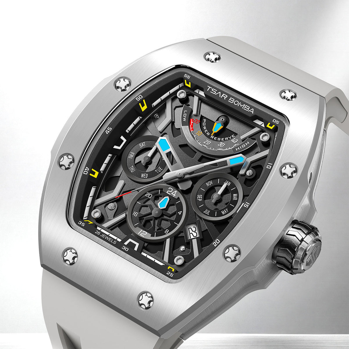 Tsar Bomba Atomic Ghost Grey — Close three-quarter view of the layered skeleton dial with blue and yellow accents, available at IFL Watches.