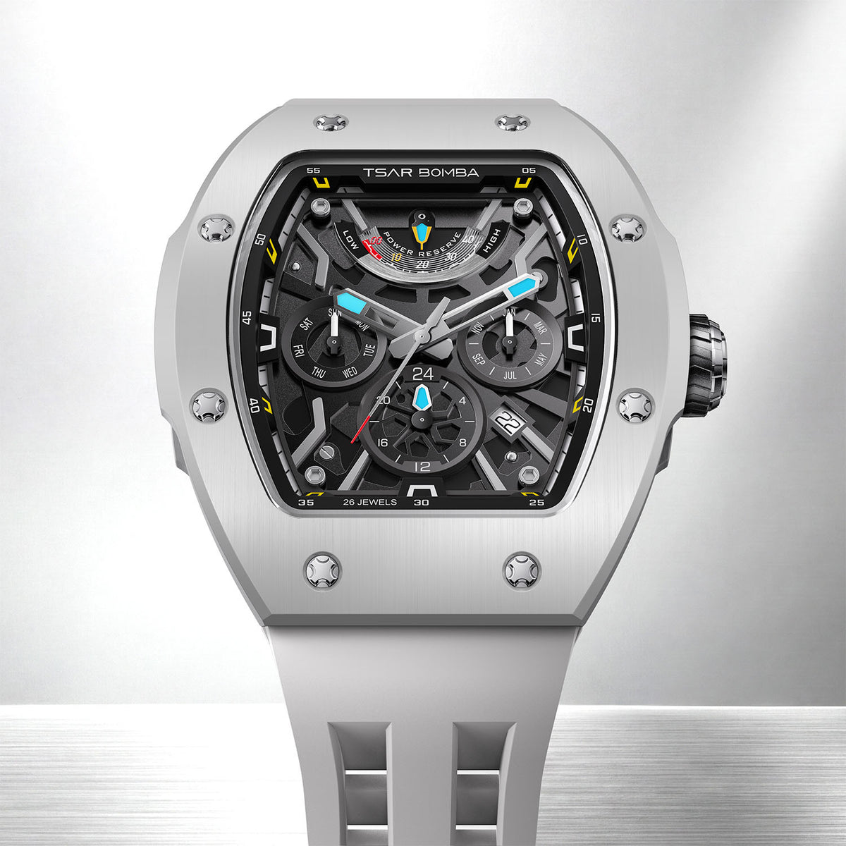 Tsar Bomba Atomic Ghost Grey — Standing on a reflective surface in front view, showing the sapphire crystal over the movement, available at IFL Watches.