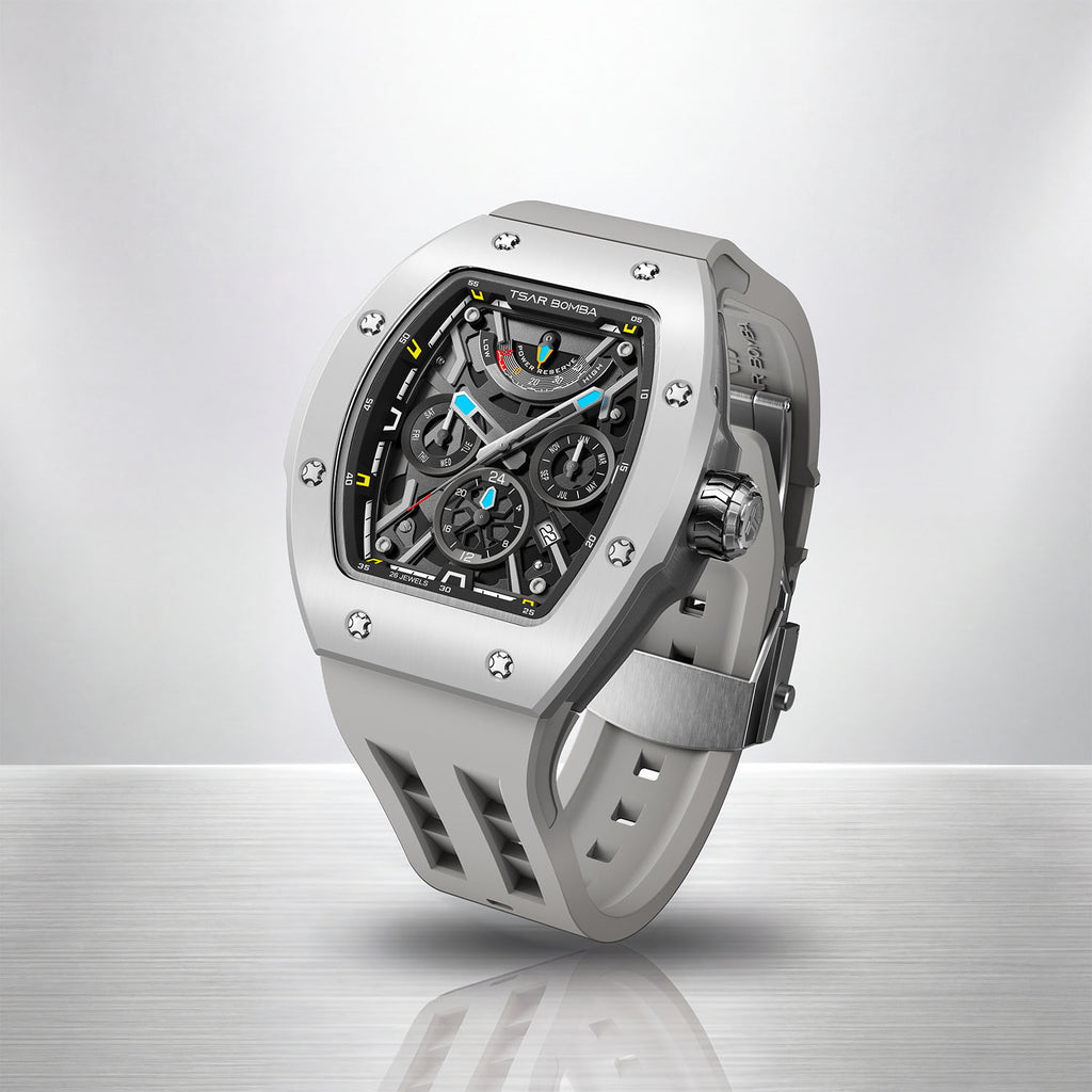 Tsar Bomba Atomic Ghost Grey — Standing on a polished floor, showing the strap and case profile, available at IFL Watches.