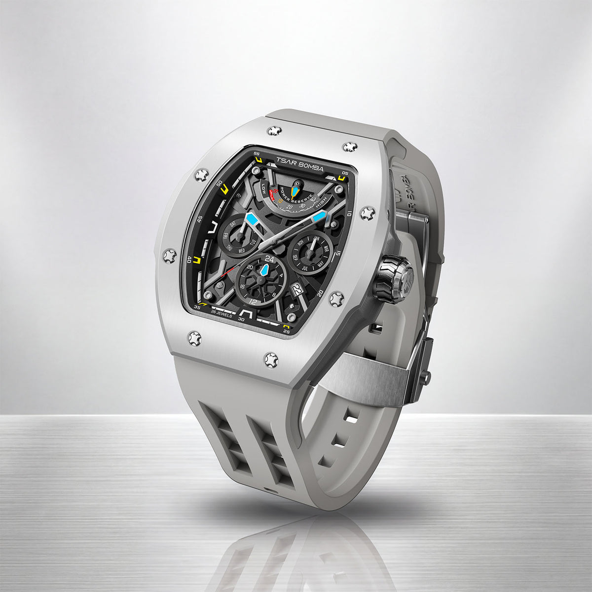 Tsar Bomba Atomic Ghost Grey — Standing on a polished floor, showing the strap and case profile, available at IFL Watches.