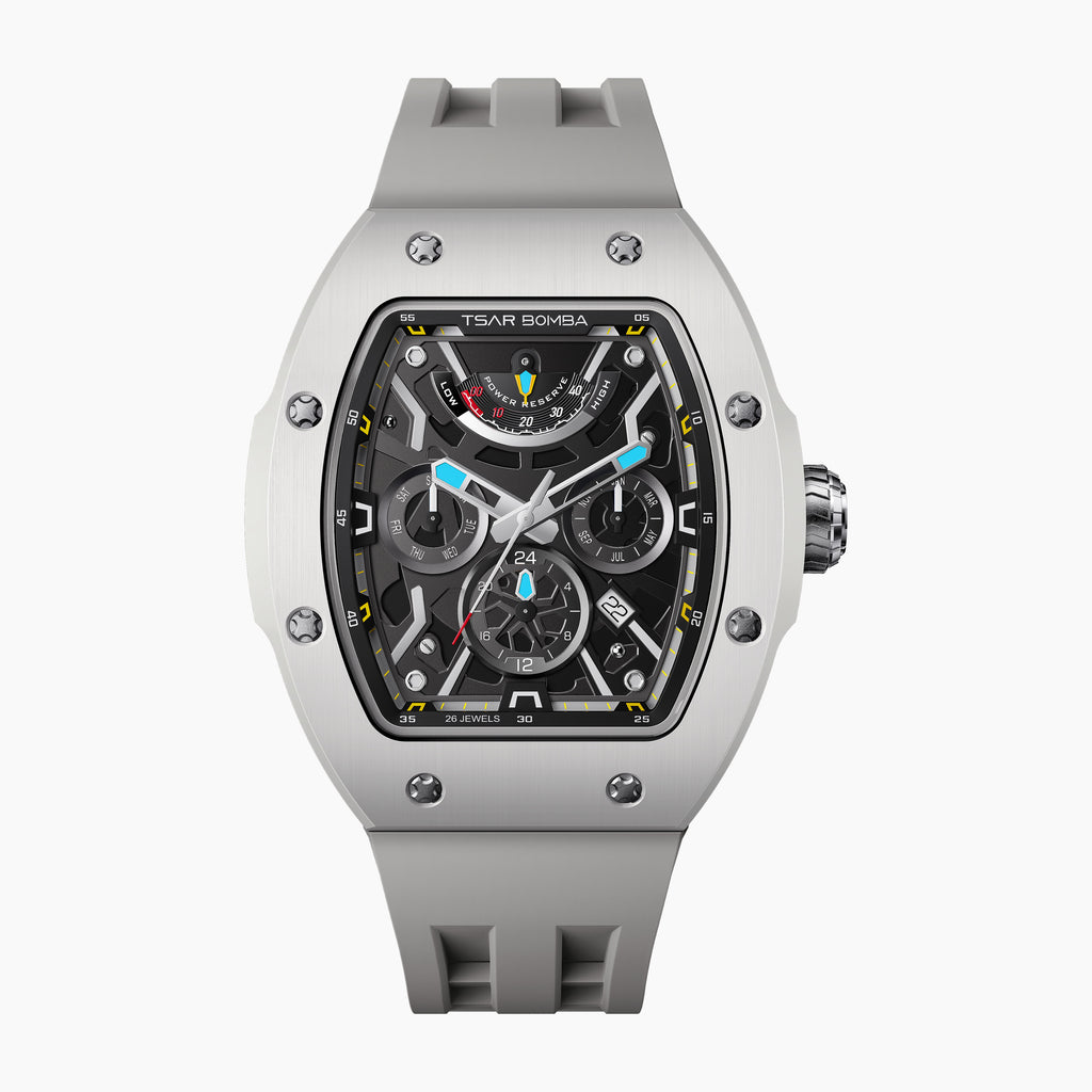 Tsar Bomba Atomic Ghost Grey — Front view of the skeleton dial with power reserve, day, month and AM/PM sub-dials in a 45mm grey ceramic tonneau case on matching strap, available at IFL Watches.