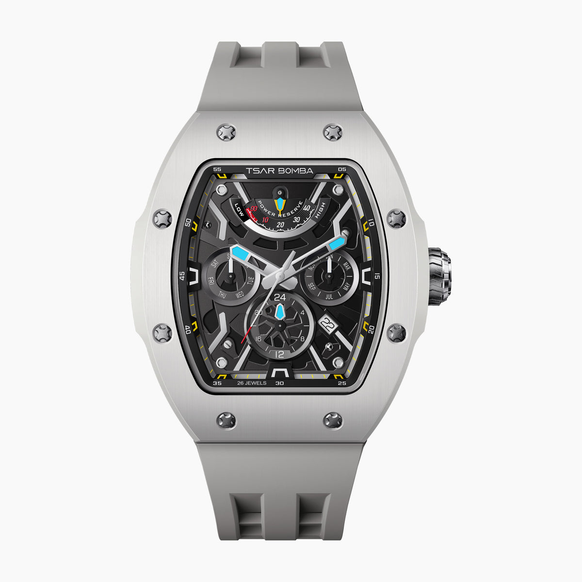 Tsar Bomba Atomic Ghost Grey — Front view of the skeleton dial with power reserve, day, month and AM/PM sub-dials in a 45mm grey ceramic tonneau case on matching strap, available at IFL Watches.