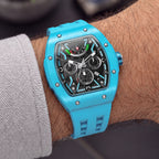 Tsar Bomba Atomic Lake Blue — Worn on wrist at an angle, showing the crown and sub-dials, available at IFL Watches.