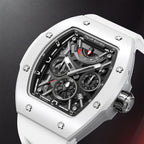 Tsar Bomba Atomic White — Close three-quarter view of the layered skeleton dial with red and silver accents, available at IFL Watches.