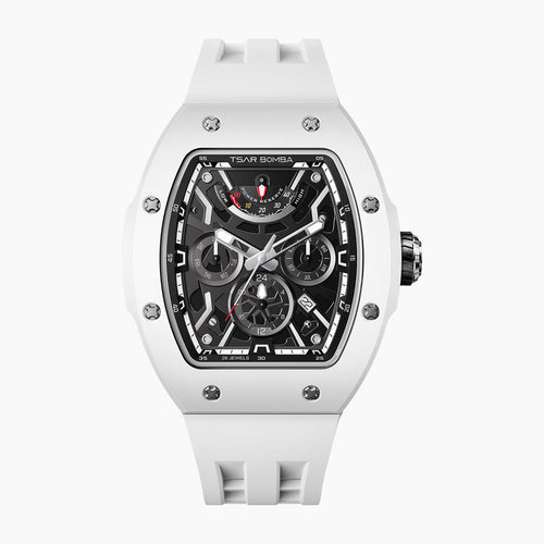 Tsar Bomba Atomic White — Front view of the skeleton dial with power reserve, day, month and AM/PM sub-dials in a 45mm white ceramic tonneau case on matching strap, available at IFL Watches.