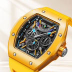 Tsar Bomba Atomic Yellow — Close three-quarter view of the layered skeleton dial with blue and purple accents, available at IFL Watches.