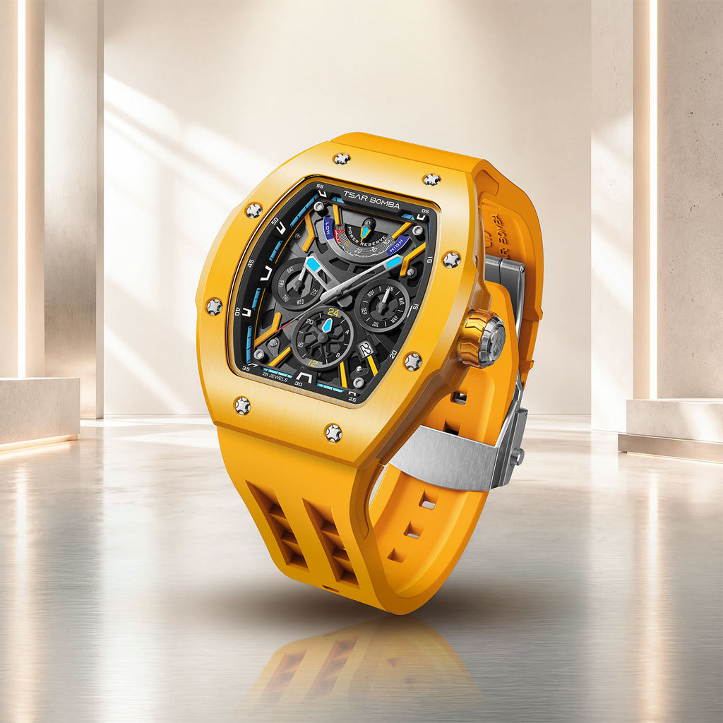 Tsar Bomba Atomic Yellow — Standing on a polished floor, showing the strap and case profile, available at IFL Watches.