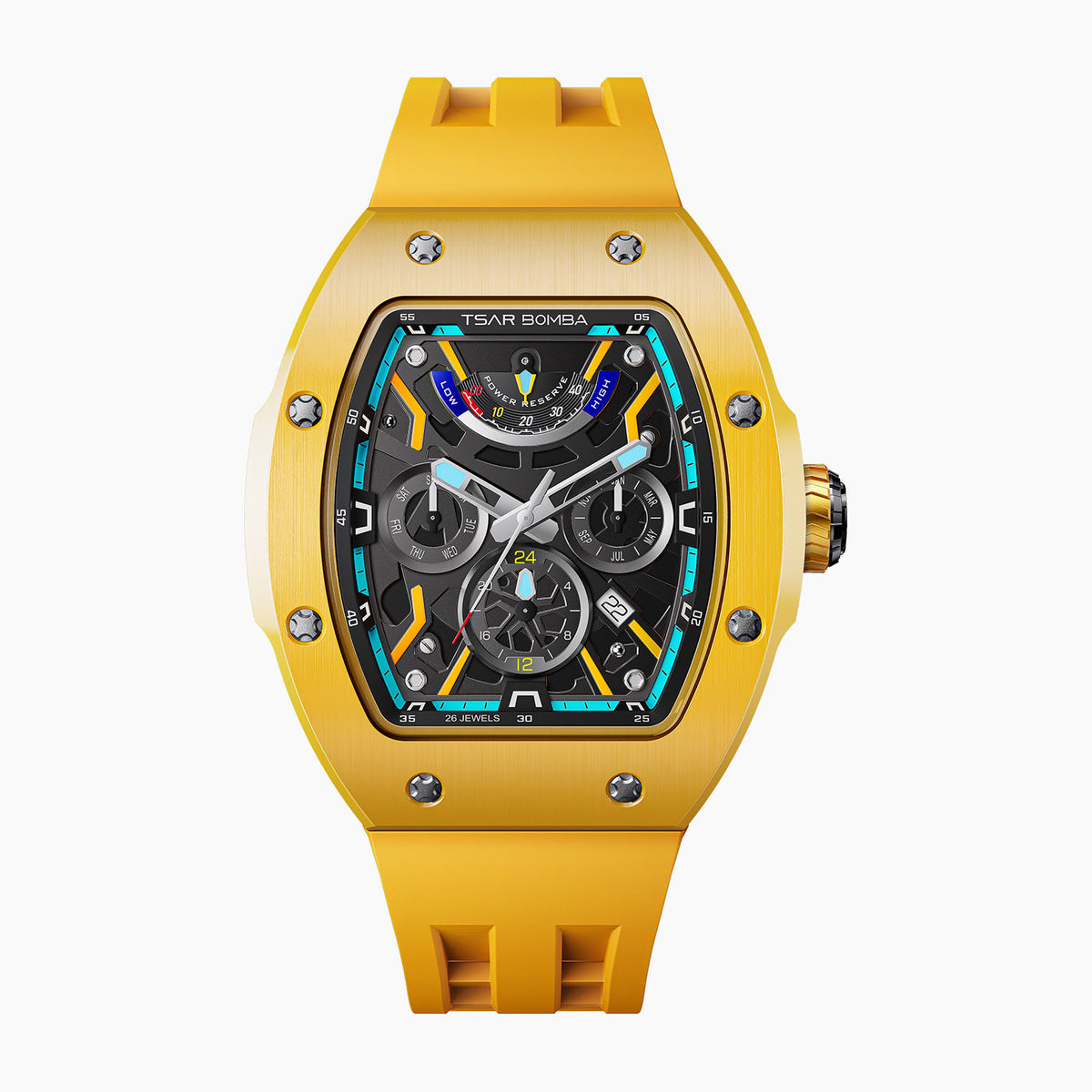 Tsar Bomba Atomic Yellow — Front view of the skeleton dial with power reserve, day, month and AM/PM sub-dials in a 45mm yellow ceramic tonneau case on matching strap, available at IFL Watches.