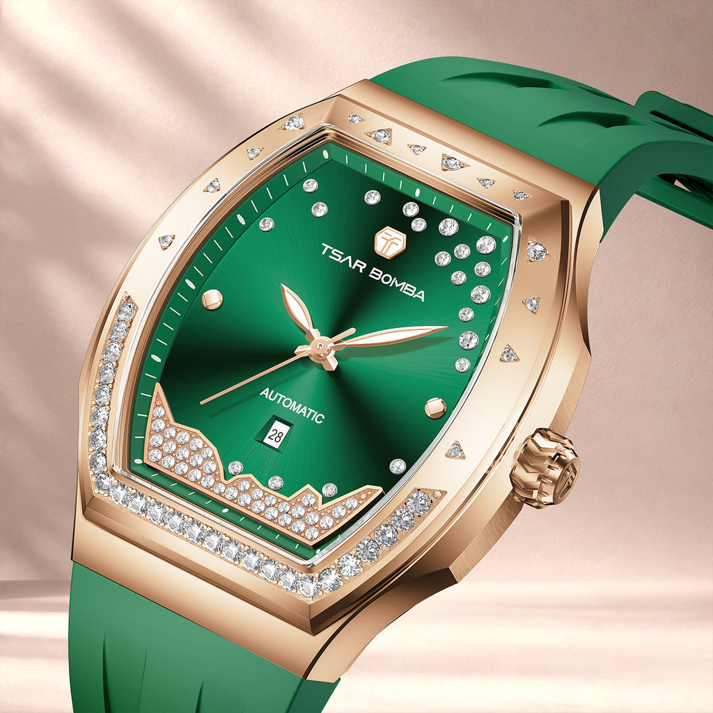 Tsar Bomba Lumina Green — Close angled view of the lab-grown diamonds across the dial, available at IFL Watches.