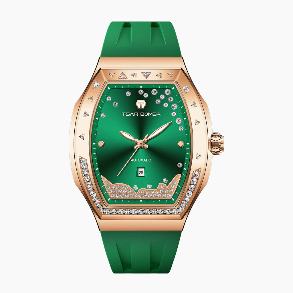 Tsar Bomba Lumina Green — Front view of the green sunray dial with diamond trail, pavé mountain ridge and date window, 35mm rose-gold steel tonneau case, available at IFL Watches.